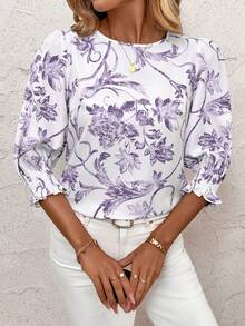 SHEIN Clasi Kemeja Wanita Kasual Longgar Leher Bulat Lengan Sedang - Mauve Purple - View 5