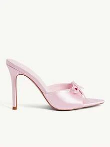 CUCCOO CHICEST 女士粉色缎面春夏蝴蝶结元素时尚性感尖头细高跟拖鞋 - 粉色色丁 - 查看 3