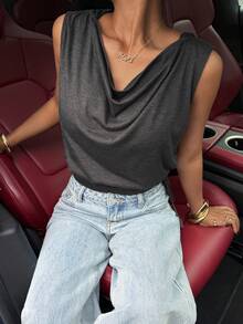 Muchica 深灰色针织女式休闲连帽抽绳背心 - 灰色 - 查看 4