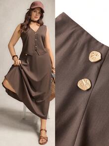 Comfylo Plus Size 2 Pieces Set: Sleeveless Top And Midi Skirt, Versatile For Commuting And Outings Brown Top Valentine's Day Birthday Elegant - Brown - View 11