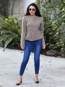 Durrani Popal 高腰纽扣缀饰紧身弹力破洞Y2K牛仔裤保暖内衬口袋紧身牛仔裤秋冬季加厚牛仔 - 藍色 - 查看 5