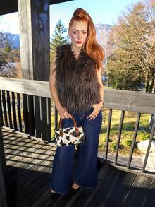 Gretanique 女士优雅时尚简约优雅大气休闲百搭休闲风格秋季复古时尚百搭休闲无袖棕色人造毛皮夹克，纯色钩前人造毛皮马甲夹克，棕色毛皮马甲，复古纯色人造毛皮大衣宽松休闲夹克冬季厚实保暖外套，秋季服装，万圣节服装，秋冬必备品，老钱，万圣节 - 棕色 - 查看 7