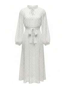Lumivelle Women's Spring/Summer Fashion Long Sleeve Ruffle Collar Cinched Waist Waist Polka Dot Dress