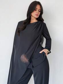Firerie Women's Black Knitted Fabric Casual Blazer With Sheer Drape And Round Neck Long Sleeves - Black - View 3