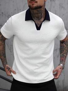 Manfinity CasualCool 男士對比領短袖紋理 Polo 衫，白色夏季休閒城市度假 V 領針織正身長度拼色通勤毛衣襯衫，正式款 - 白色 - 查看 4