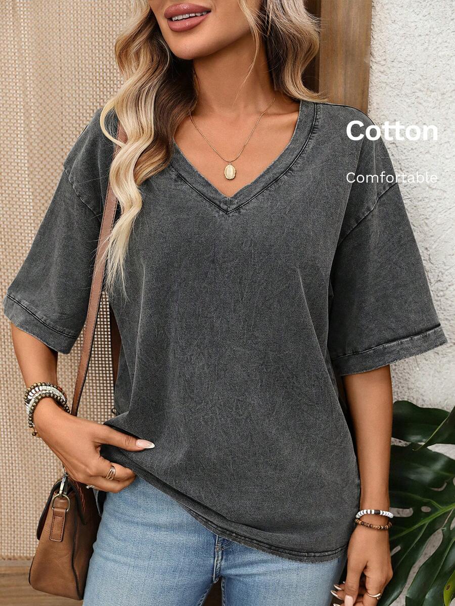 EMERY ROSE Camiseta de mujer de manga corta con cuello en V y hombros caídos, informal y lavada, top casual de verano para vacaciones - Negro - Ver 1