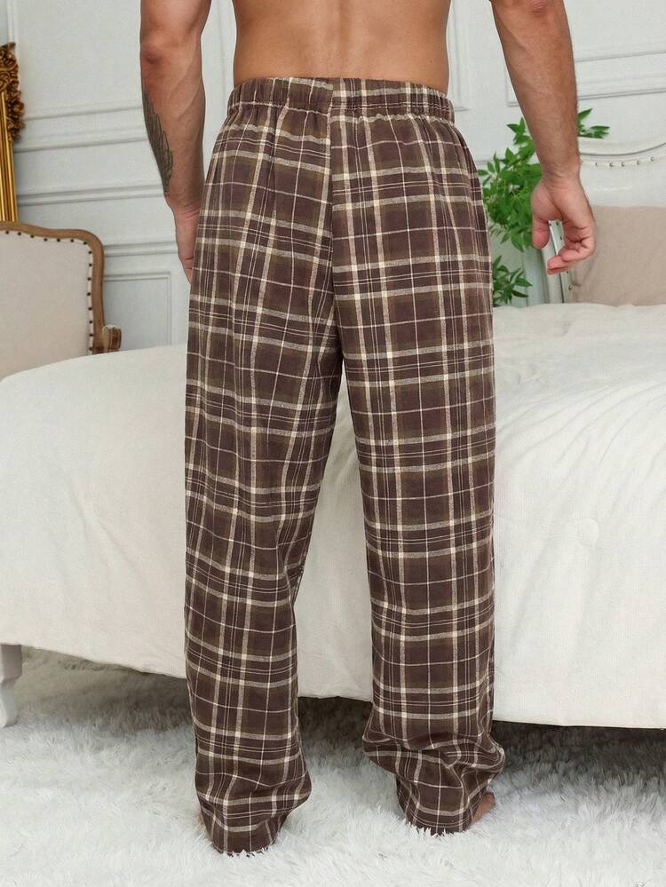 Men's Plaid Elastic Waist Long Lounge Pants, Spring/Summer