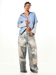 SUMWON WOMEN Pantalones vaqueros anchos y desgastados para mujer con aplicaciones de encaje y flores, decorados con perlas y rhinestones, de talle alto y estilo palazzo - Azul lavado oscuro - Ver 5