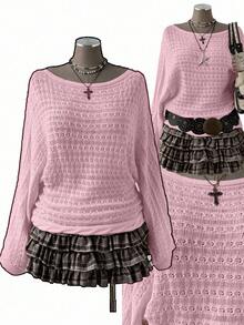 Sunspun Áo len dài tay dáng rộng, màu trơn, kiểu Bohemian/Y2K dành cho nữ, cỡ lớn, có họa tiết khoét lỗ, thích hợp cho kỳ nghỉ và mọi mùa. - Hồng - Xem 1