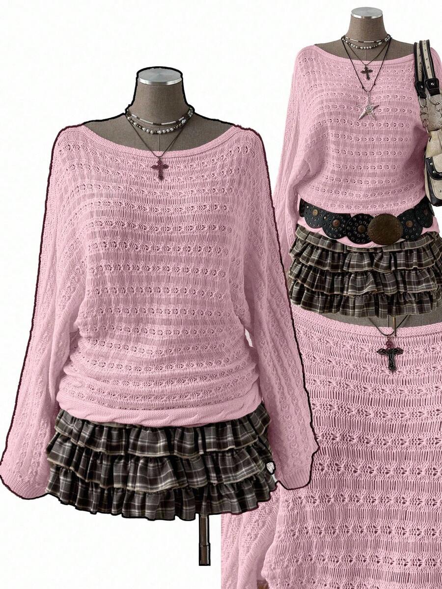 Sunspun Áo len dài tay dáng rộng, màu trơn, kiểu Bohemian/Y2K dành cho nữ, cỡ lớn, có họa tiết khoét lỗ, thích hợp cho kỳ nghỉ và mọi mùa. - Hồng - Xem 1