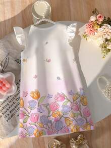 Robe trapèze à manches bouffantes pour bébé fille, élégante et à la mode, style princesse. Imprimé tulipes ravissant, légère et confortable pour le printemps/été. Idéale pour les sorties décontractées, le street style, la rentrée des classes, les pique-niques, les séances photo, les vacances et les cadeaux. - Multicolore - Voir 2