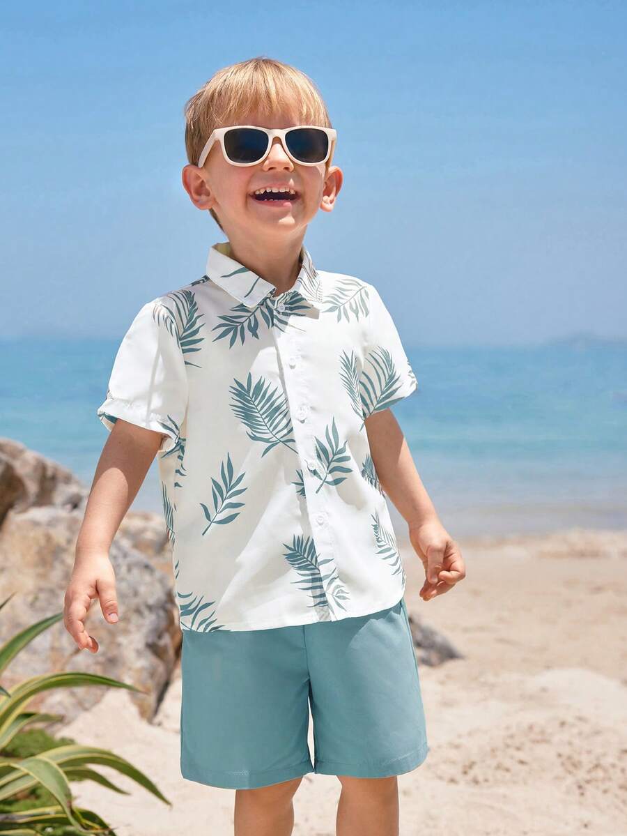 SHEIN Young Boy Summer Casual Vacation & Commute Floral Print Short Sleeve Shirt And Shorts Set - Blue - View 1