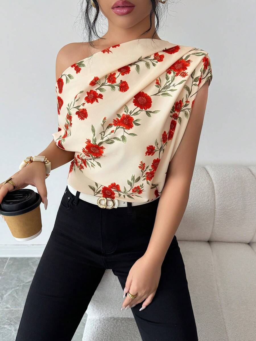 Rafferiza Women's Elegant Commuter Oblique Shoulder Printed Blouse - Multicolor - View 1