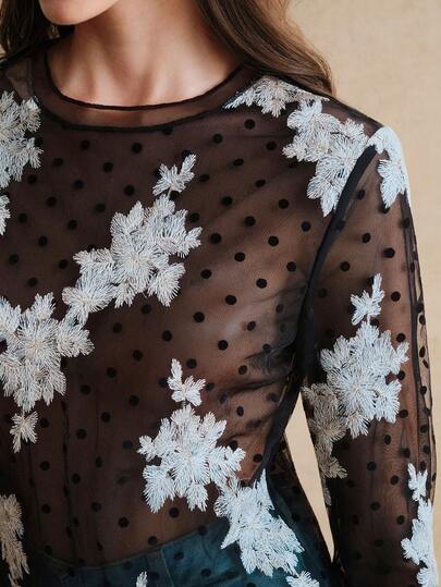 Anewsta Elegant Solid Color Sheer Sexy Long Sleeve Polka Dot Mesh Embroidered Blouse For Women