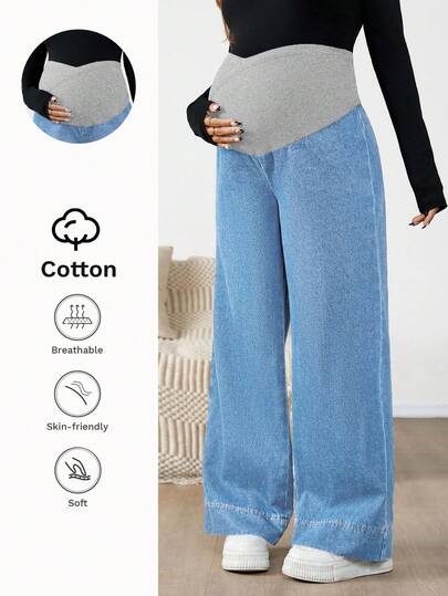 SHEIN Maternity Color Block Patchwork Front Cross High Waist Wide Leg Jeans Fall Autumn Winter Halloween Christmas New Year Thanksgiving Commuting Vacation Y2k Cute Streetwear Birthday Airport Business Casual Woman Modest Old Money Work Comfortable Maternity Wide Leg Jeans Soft Skin-Friendly Cotton Denim With Elastic Over-Belly Support