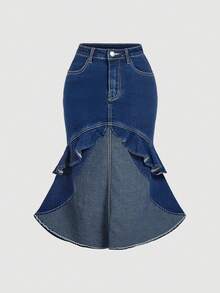 SHEIN MOD Gonna di jeans con balze e tasche, con orlo a coda di pesce - Blu - Visualizzare 1