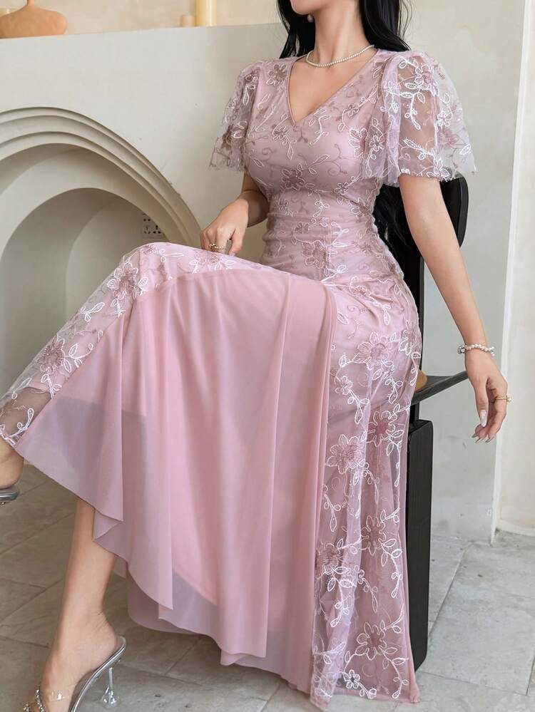 Women's V-Neck Short Sleeve Elegant Embroidered Pleated Ruffle Hem Midi Dress Wedding Guest Dress Sundress