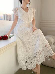 DAZY 女士优雅蕾丝领无袖长裙，夏季婚礼宾客礼服 - 白色 - 查看 5