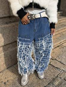 Manfinity EMRG Unisex Frayed Hem Wide Leg Jeans Baggy Y2k Jeans Fringe Denim Jeans - Blue - View 4