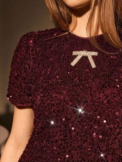 Muvela Women's Puff Sleeve Sequin Bow Tie Short Dress, Sparkling Retro Elegant Aristocratic Style, Suitable For Christmas, Party, Sisters Gathering, Evening Event, Birthday Party, Afternoon Tea, Date