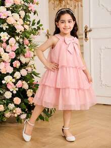 SHEIN Girls' Casual Black Contrast Collar Waist Knit Dress - Pink - View 8