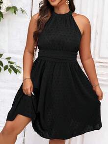 Celure Plus Swiss Dot Halter Neck Dress - Black - View 1