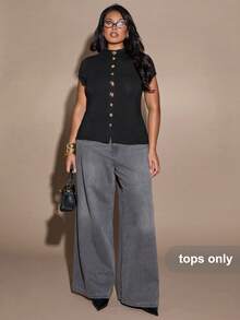 SHEIN BAE 大码女式黑色金属纽扣装饰立领短袖T恤，春夏款 - 黑色 - 查看 4