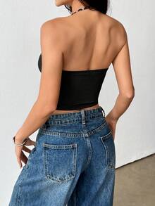 Flirla Women's V-Neck Sexy Leopard Print Trim Casual Minimalist Halter Neck Tank Top, Spring/Summer - Black - View 2