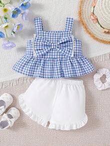 SHEIN Vintaside Kids Baby Girl Casual Plaid Bow Decor Camisole And Shorts Set, Summer - Blue - View 8