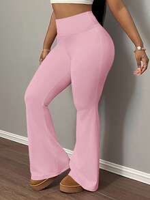 Slaydiva 女士纯色高腰弹力收腹瑜伽裤 - 粉色 - 查看 7