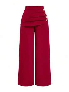 Sweetra Quần tây nữ cỡ lớn thiết kế 2 trong 1 với khóa kim loại trang trí, giúp thon gọn, thanh lịch, đa năng, phù hợp cho cả công sở và thường ngày, ống quần thẳng, thích hợp cho mùa thu/đông. - Đỏ - Xem 1