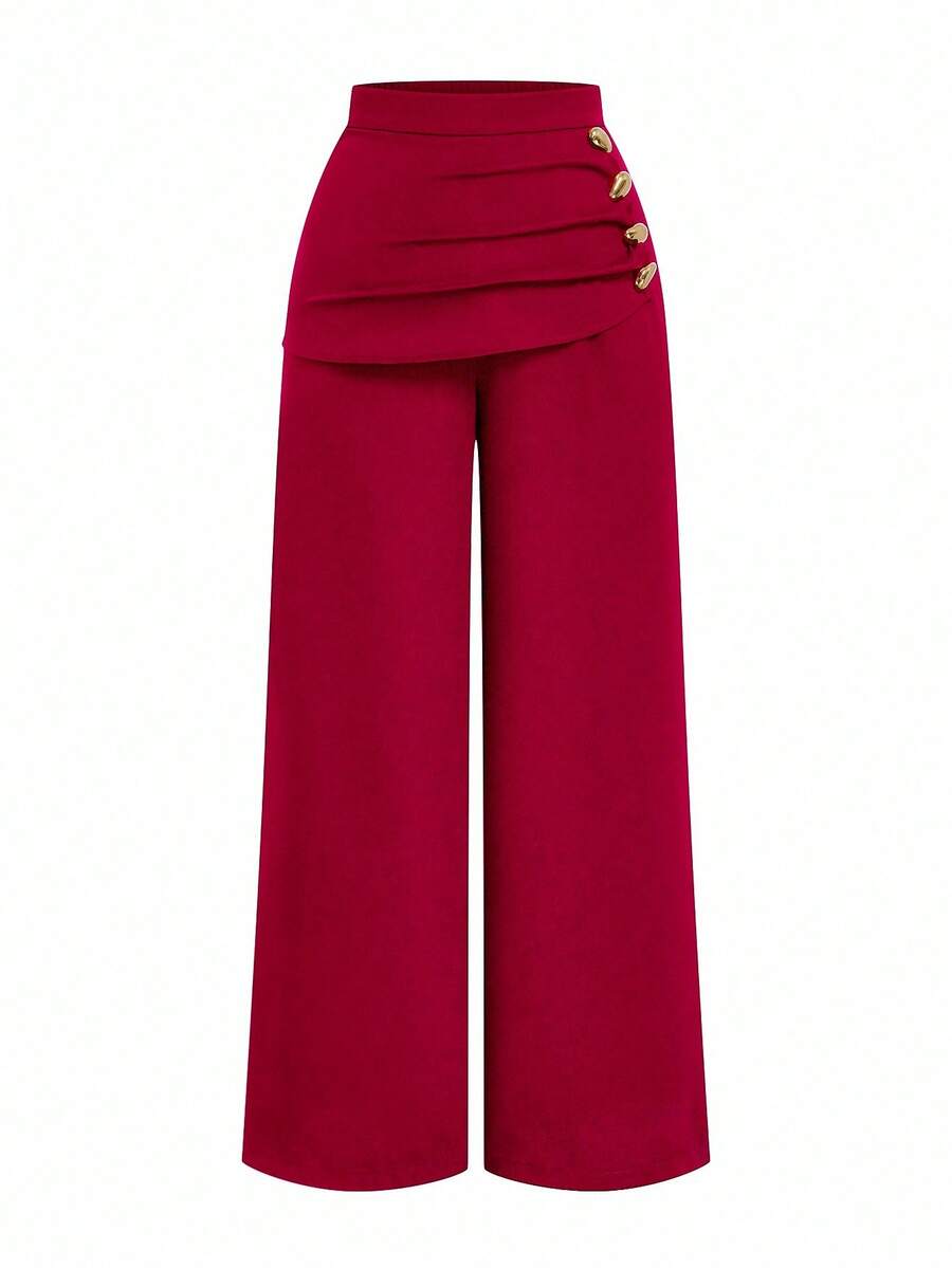 Sweetra Quần tây nữ cỡ lớn thiết kế 2 trong 1 với khóa kim loại trang trí, giúp thon gọn, thanh lịch, đa năng, phù hợp cho cả công sở và thường ngày, ống quần thẳng, thích hợp cho mùa thu/đông. - Đỏ - Xem 1