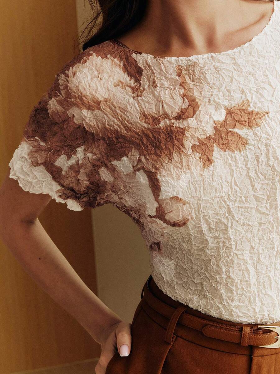 Anewsta Women's Elegant Top, Placement Print Pleated Loose T-Shirt - Apricot - View 1