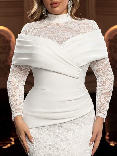 Glamrae Plus Size Elegant Luxurious Romantic White Lace Patchwork Stand Collar Long Sleeve Off-Shoulder Asymmetrical Hem Mermaid Silhouette Dress, Suitable For Wedding, Bridal Gown