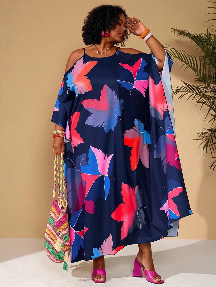 Plus Size Women's Summer Casual Vacation Spring Off-Shoulder All-Over Floral Print Colorful Leaf Print Extra Loose Fit Long Dress/Summer,Summer Holiday,Spring Break Outfits ,Vacation Outfits Women ,Holiday Outfits For Women,Going Out Outfits,2026 New Clothes,Simple And Fashionable For Everyday Wear,Casual Dresses For Women,Flowy Long Dress , Plus Size Hawaiian Dress, Plus Size Maxi Summer Dress, Loose Summer Dress Plus Size Beach Dress Plus Size Resort Wear Plus Size Vacation Dress