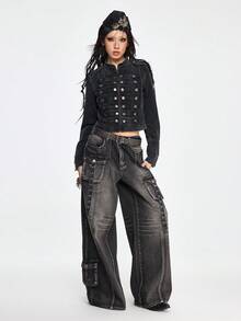 ROMWE Grunge Punk Vintage Punk Metal Grommet Loose Wide Leg Jeans - Black - View 2
