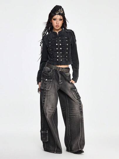 ROMWE Grunge Punk 复古朋克金属孔眼宽松阔腿牛仔裤