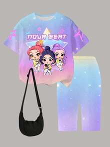 1 Set Tween Girls Casual Fashionable Cute Cartoon K-POP Gradient Colorful Print T-Shirt And Shorts Set, Summer Outfit - Multicolor - View 3