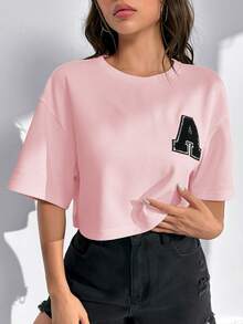 SHEIN EZwear Áo thun nữ mùa xuân/hè mới, cổ tròn, vai rớt, chất liệu dệt kim, in chữ, màu hồng, thích hợp mặc thường ngày, áo thun nữ tay ngắn, áo kiểu nữ mùa hè, áo phông nữ. - Hồng - Xem 1