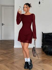 SHEIN EZwear Đầm ngắn tay xòe eo lưới màu đỏ tía mới dành cho nữ - Màu Đỏ Sâu - Xem 3