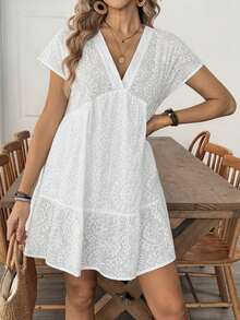 Louniche Women's Embroidered V-Neck Dolman Sleeve Casual Mini Dress, Suitable For Spring/Summer Vacation - White - View 3