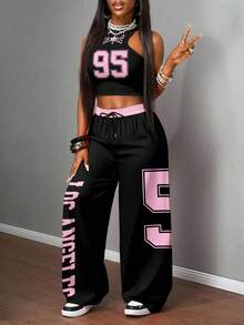 Slaydiva 女士休闲街头紧身背心和宽松长裤套装，适合街头穿着，黑色和粉色印花，“95s”文字印花圆领背心洛杉矶喇叭腿女士休闲时尚瑜伽背心和宽松长裤套装，适合街头穿着，加大码两件套 - 彩色 - 查看 6