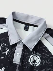 ROMWE MEN Street Life Men's Printed Button-Up Polo Shirt - Black - View 6