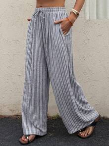 Vivie Lora 女士宽松阔腿直筒条纹亚麻裤 - 黑與白 - 查看 5