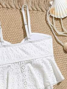 SHEIN Tween Girls' Spaghetti Strap Bikini 2-Piece Set, Casual Activewear Special Fabric, Girls' Swimsuit For Vacation, Pool, Swimming, Beach, Spring/Summer - White - View 4