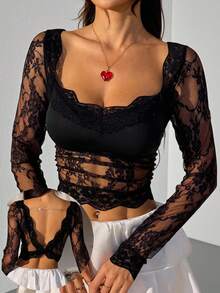 SHEIN EZwear Valentine's Day Fashionable Sexy Black Lace Backless Bodycon Top For Women Lacey Top - Black - View 2