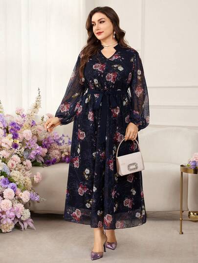 Modelyn Plus Size Women Elegant Floral Embroidered Waist Dress, Spring