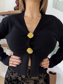 Manon Tanti 女士时尚休闲简约不对称纽扣针织开衫，精致设计毛衣上衣 - 黑色 - 查看 3