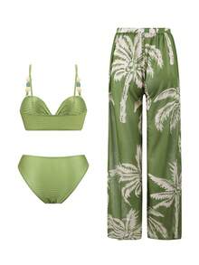 Swim Oasis 3pcs Women's Swimwear Bikinis Swim Pants Coverups Summer Palm Tropical Prints All-Season Chic Outfit Essential For Parties, Dates Perfect For Music Festivals & Streetwear, Festival Fashion | Pool And Vacation | Lace Top, Women's Top, Women's Swimwear - Green - View 7