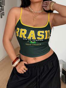 Coolane 女款大尺碼夏季秋季街頭風度假休閒性感 Y2K 時尚彈性綠色巴西風無袖圖案上衣 騎行運動 - 墨綠色 - 查看 3